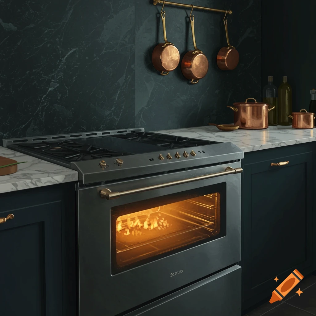A modern kitchen with dark green marble walls and cabinets, white marble counter, and a stainless steel oven with a glowing interior. Copper pots hang on the wall.