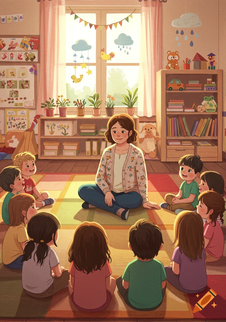 A stylized illustration of a kindergarten teacher sitting on a colorful rug with a group of children in a sunny classroom.