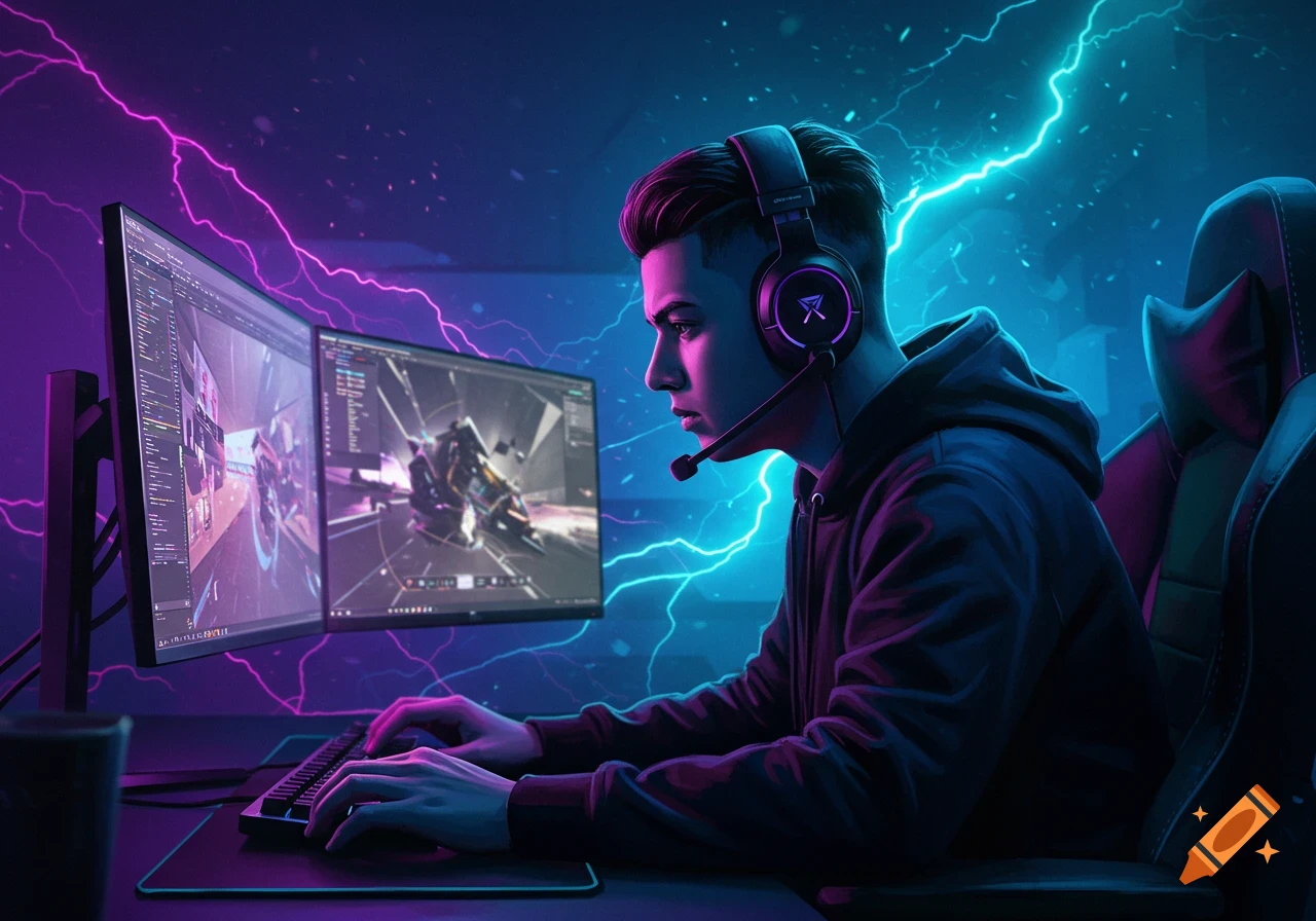 A male gamer in a dark hoodie and headset plays at a dual-monitor setup, surrounded by neon purple and blue lightning in a digital art style.