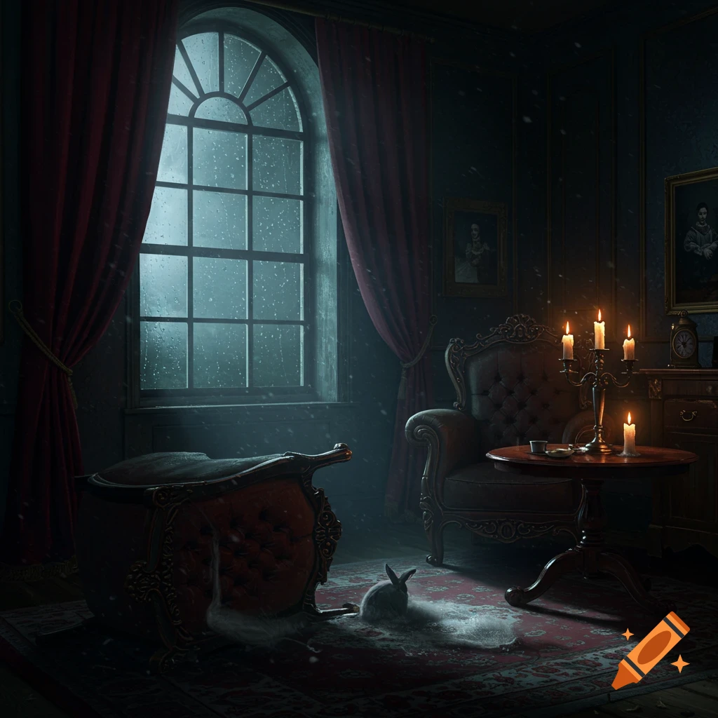 A dark, elegant room with an arched window showing rain. An ornate, red velvet chair is overturned next to a small wooden table with candles, and a white, furry rabbit-like creature lies on the rug.