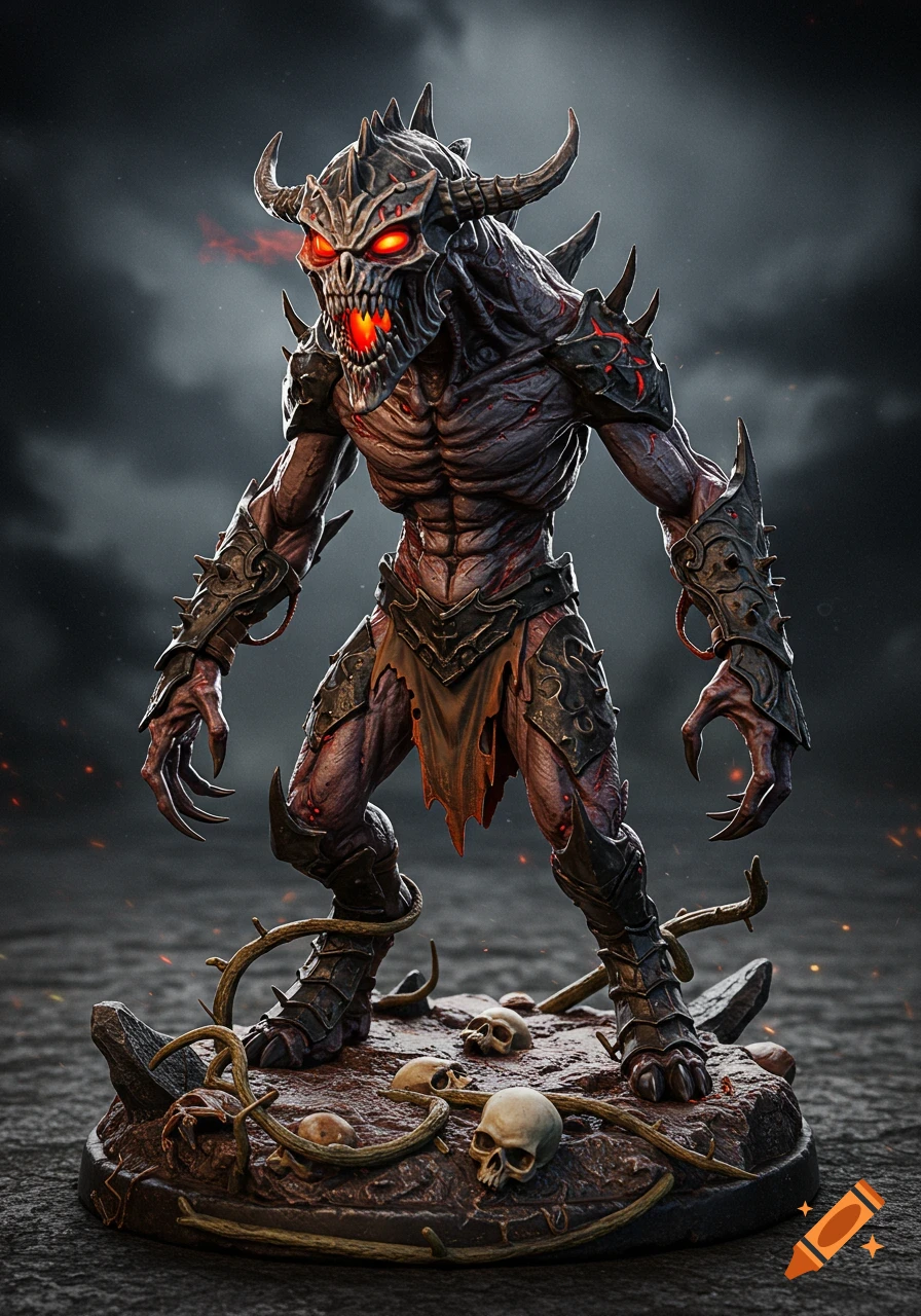 A detailed, dark fantasy sculpture of a demonic monster with glowing red eyes, sharp claws, and armor, standing on a base with skulls and vines.