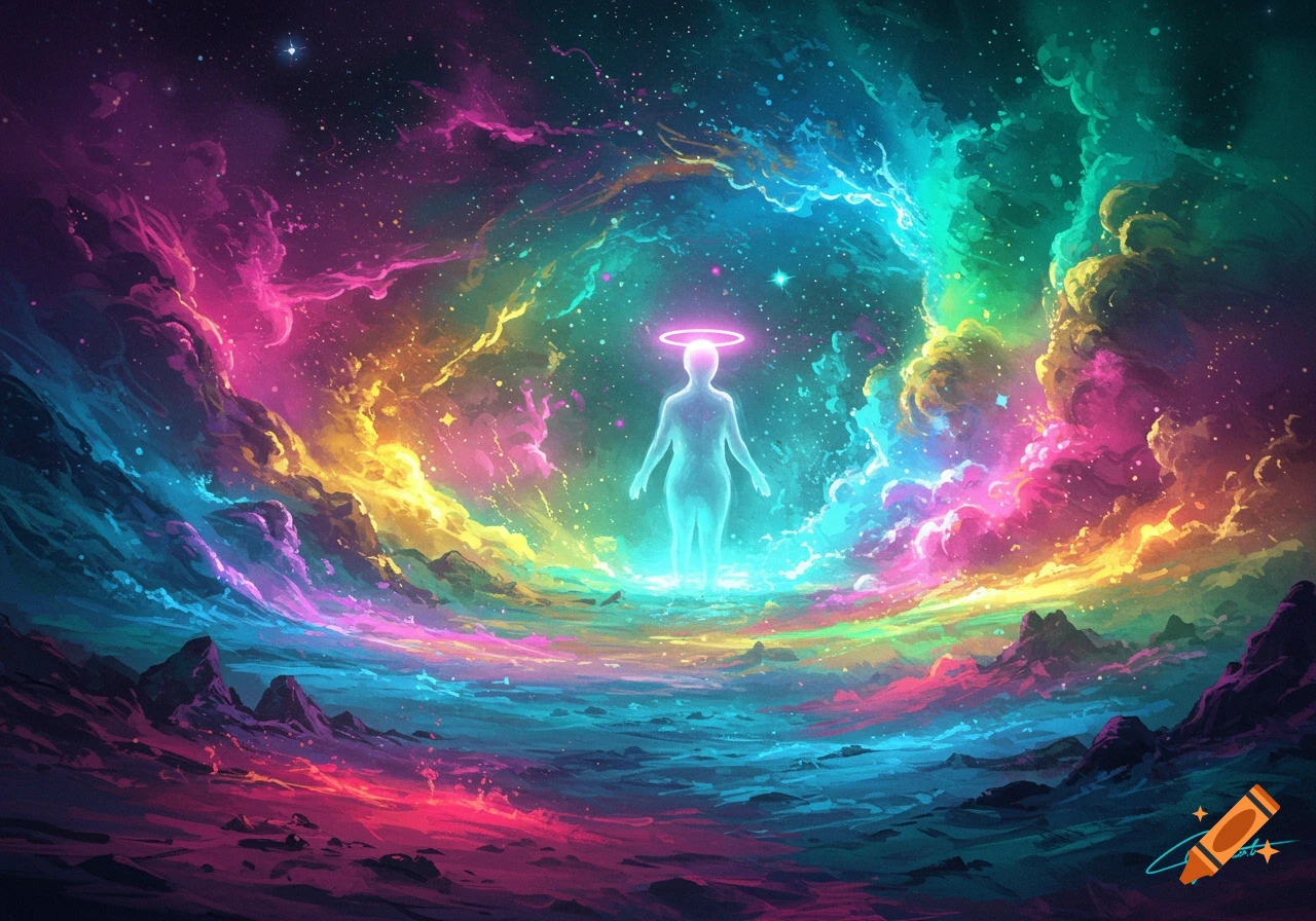 A glowing, ethereal humanoid figure with a halo stands in a vibrant, kaleidoscopic nebula and cosmic landscape.