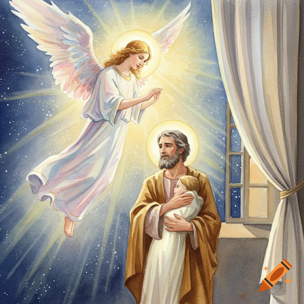 Watercolor painting of an angel with glowing wings appearing to Saint Joseph, who holds baby Jesus, at night by a window.