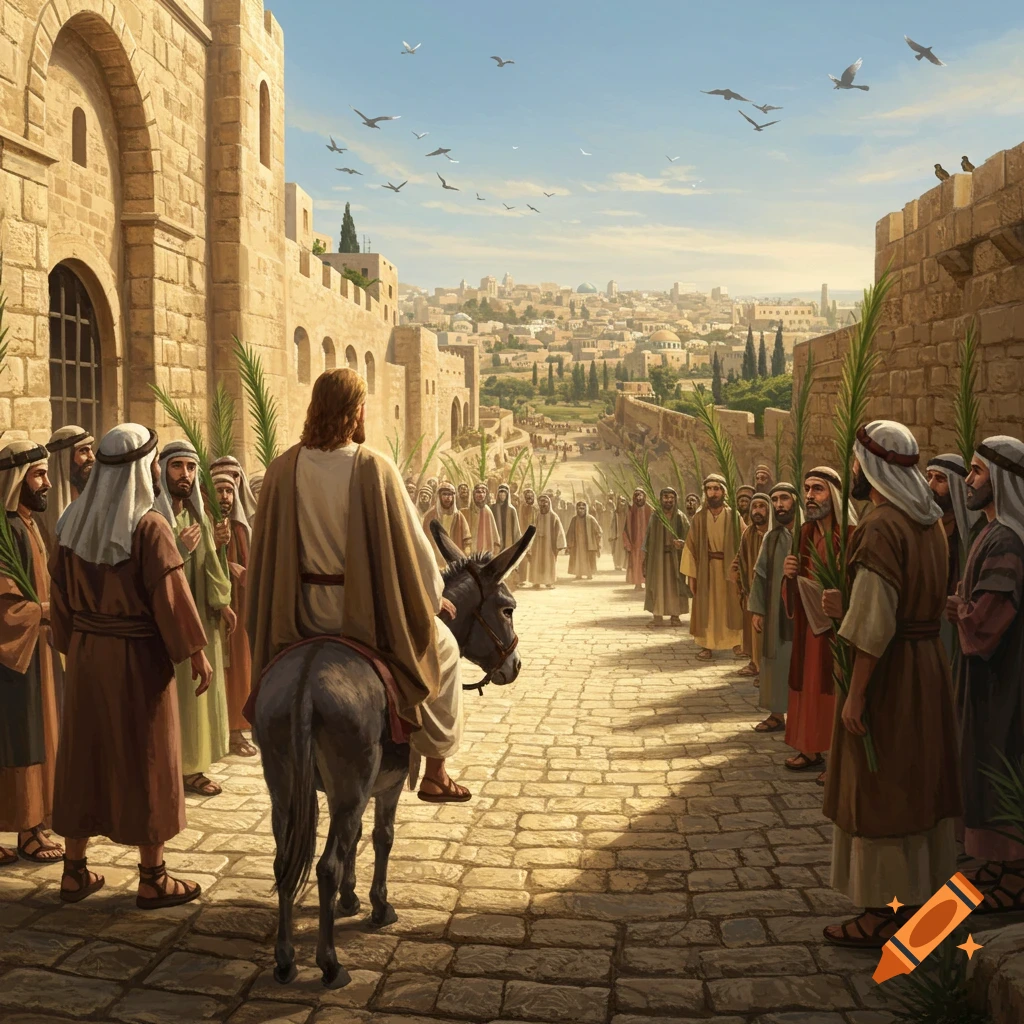 Digital painting of Jesus riding a donkey into an ancient city, greeted by crowds holding palm branches.
