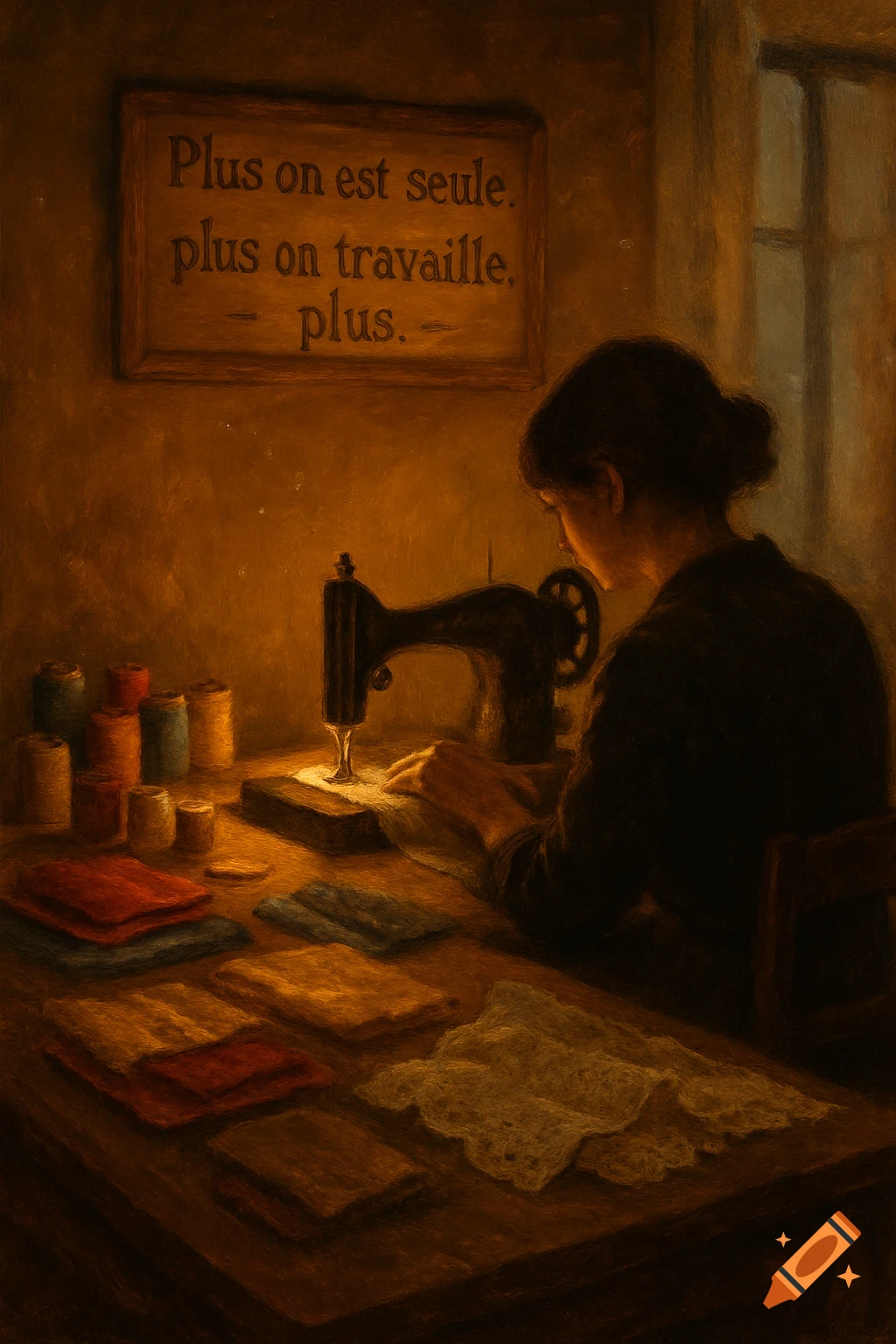 A dark, painterly image of a woman in profile, illuminated by a warm glow, operating an old sewing machine. Spools of thread and fabric scraps are on the wooden table. A framed sign on the wall reads: "Plus on est seule. plus on travaille. - plus."