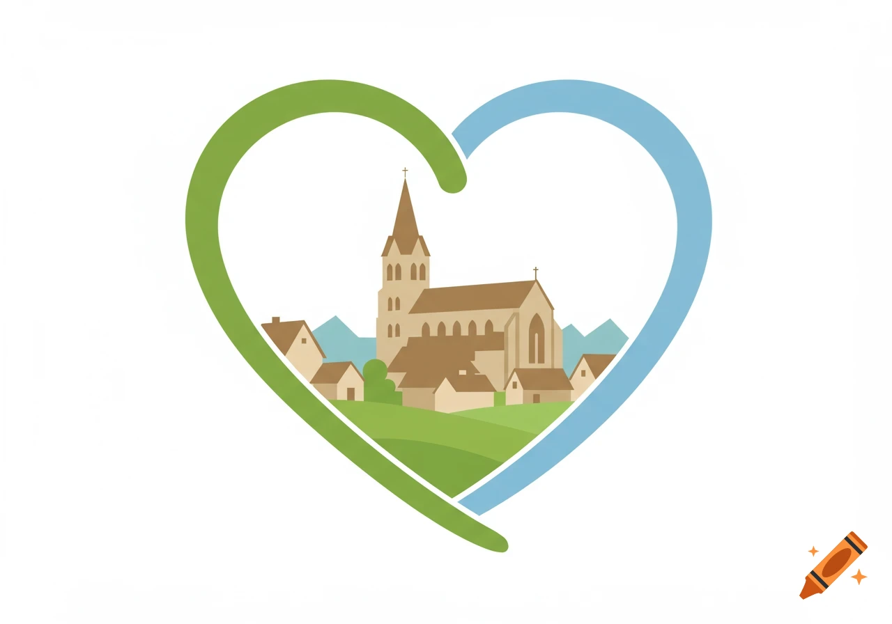 Stylized vector logo with a green and blue heart enclosing a beige abbey, village houses, and green hills on a white background.