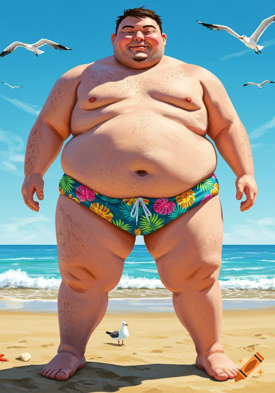A smiling, overweight man in colorful swim briefs stands on a sunny beach with seagulls flying.