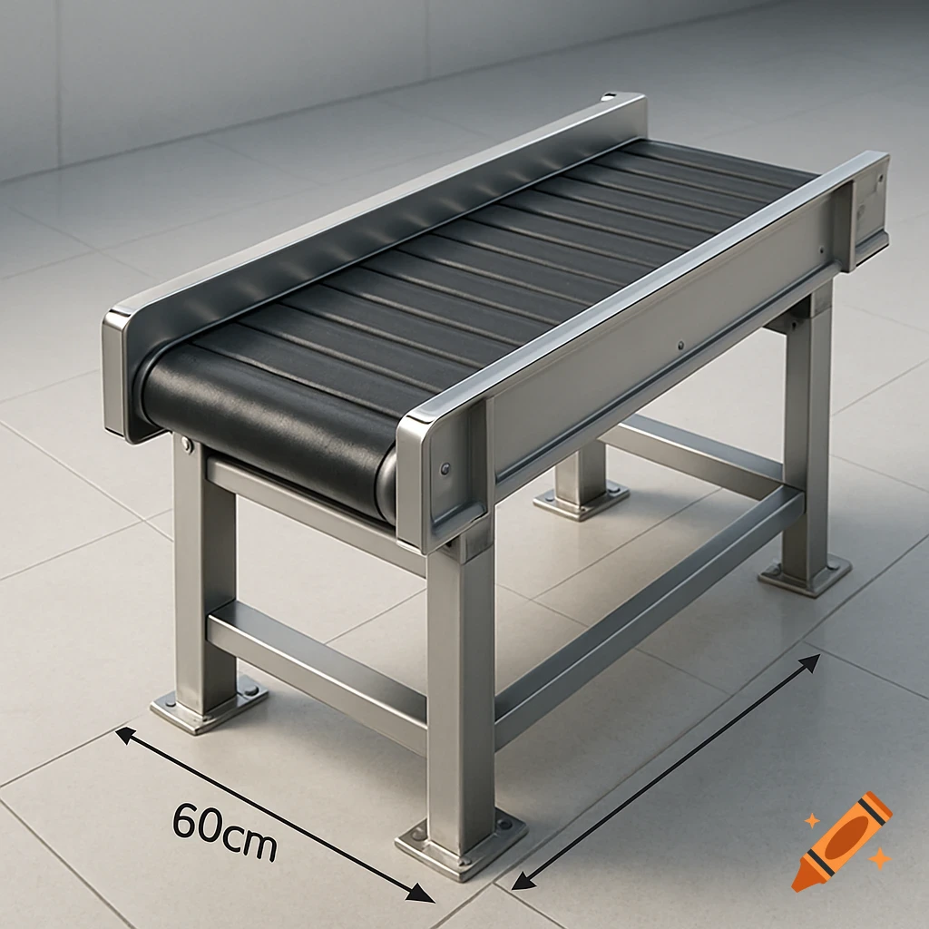 Photorealistic isometric view of a clean, metallic industrial conveyor belt with side guards, on a light gray tiled floor, showing a 60cm measurement.