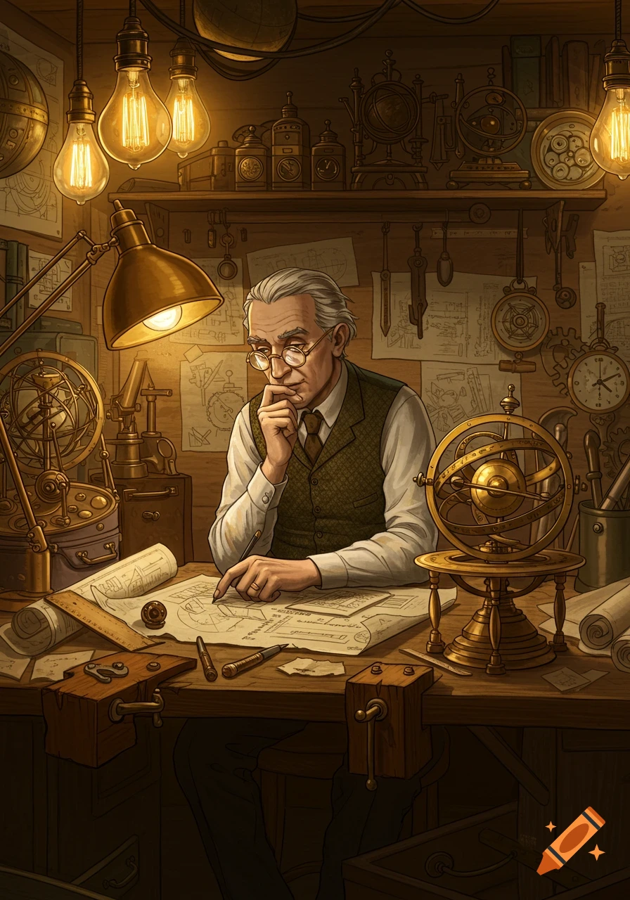 An old inventor with spectacles studies blueprints at a cluttered desk in a warmly lit, steampunk workshop, surrounded by antique mechanisms.