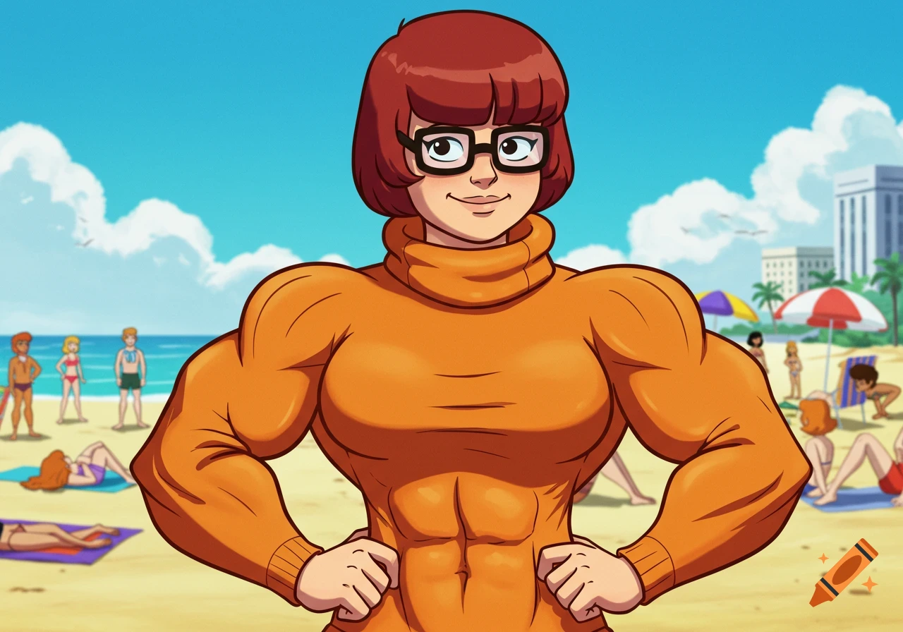 Muscular cartoon Velma from Scooby Doo flexes at a sunny beach with other cartoon characters in the background.