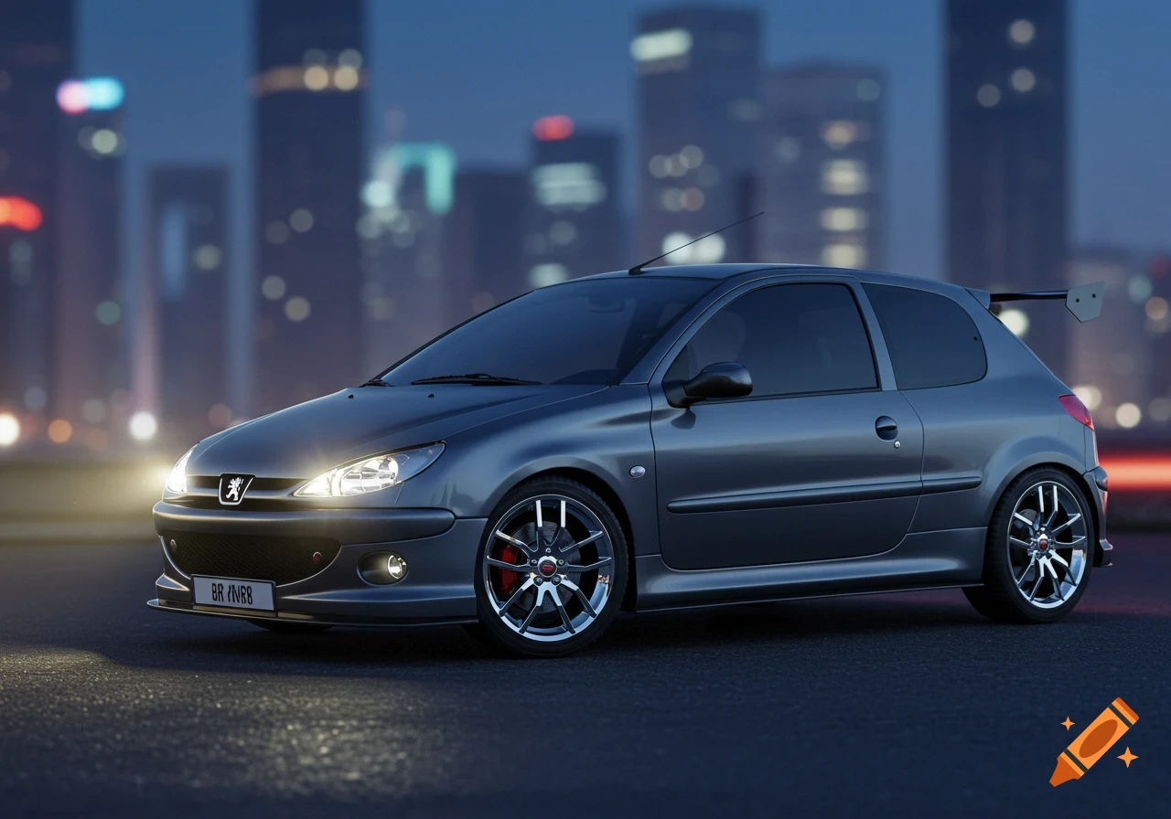 A grey metallic Peugeot 206 hatchback with a sport spoiler is parked on a road at night, with city skyscrapers lit in the blurred background. Its headlights are on, illuminating the asphalt.
