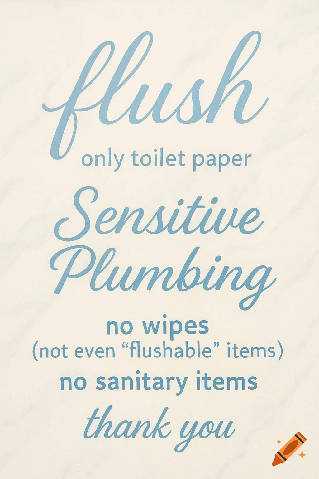 A cream-colored bathroom sign with light blue text that reads: "flush only toilet paper Sensitive Plumbing no wipes (not even 'flushable' items) no sanitary items thank you".