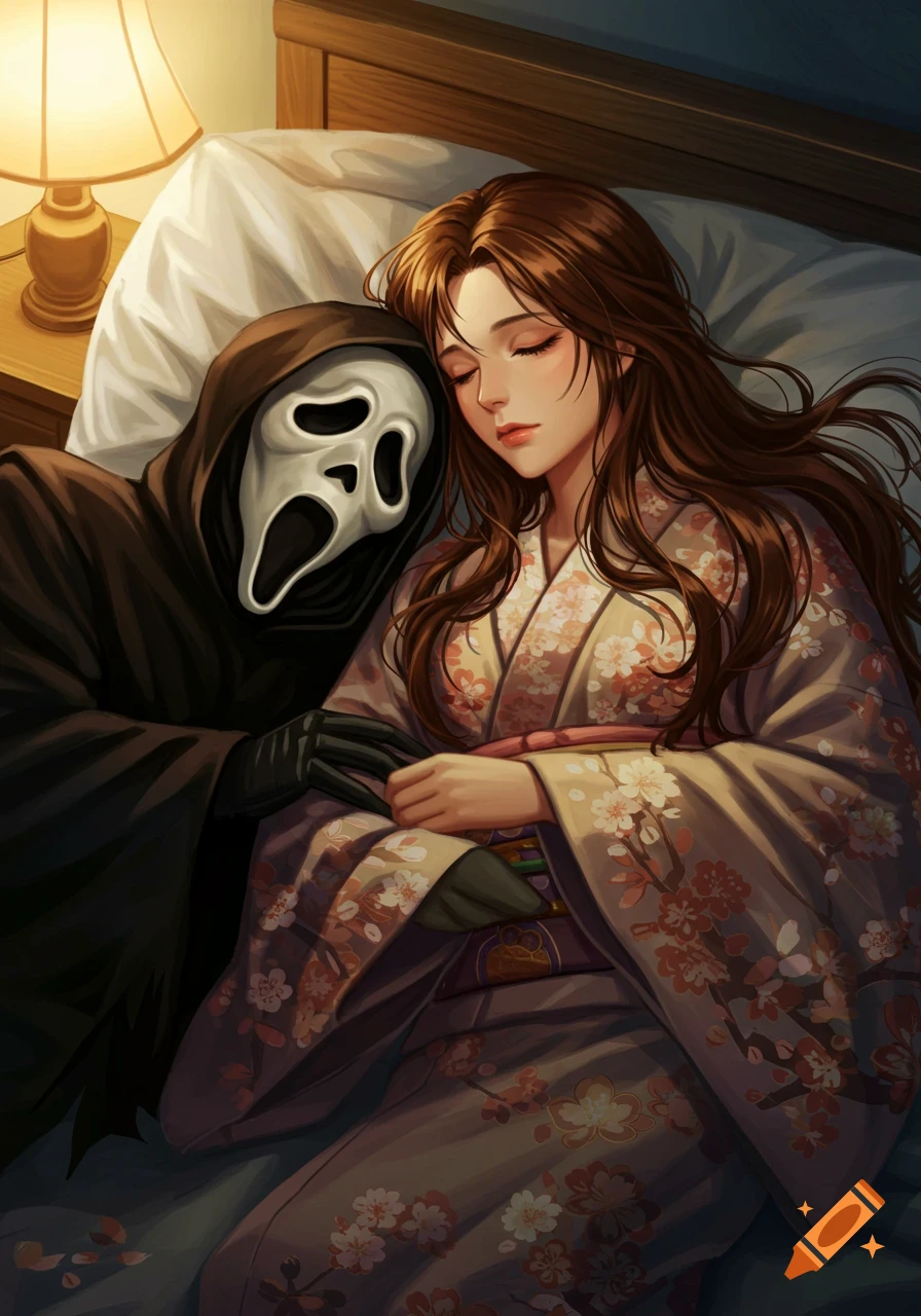 An anime illustration shows Ghostface in a black robe snuggling with a long-haired woman in a floral kimono, both sleeping peacefully in a bed.