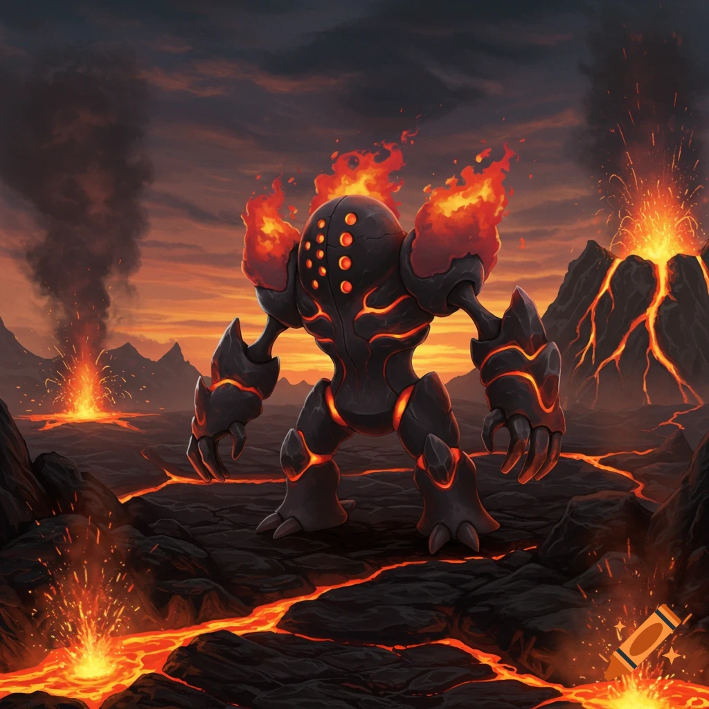 A fiery Regi, a dark golem-like creature, stands in a volcanic landscape with erupting geysers and lava under an orange sky.