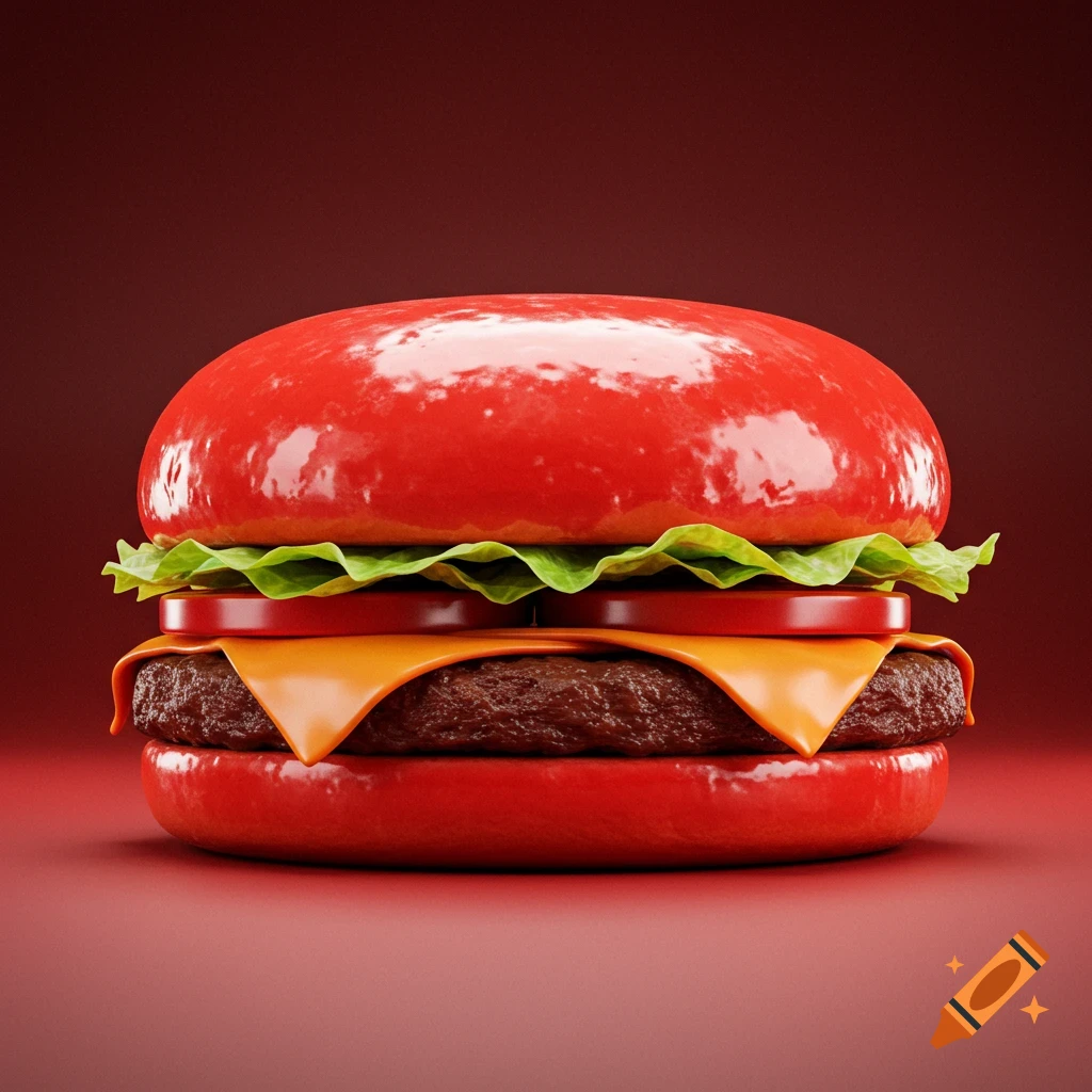 A vibrant, glossy cheeseburger with bright red buns, green lettuce, red tomato slices, and melted orange cheese on a red background.
