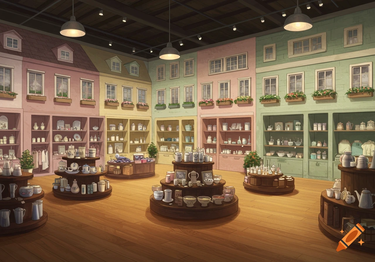 An illustrated store interior with walls designed as colorful houses, showcasing various ceramic items on shelves and display tables.