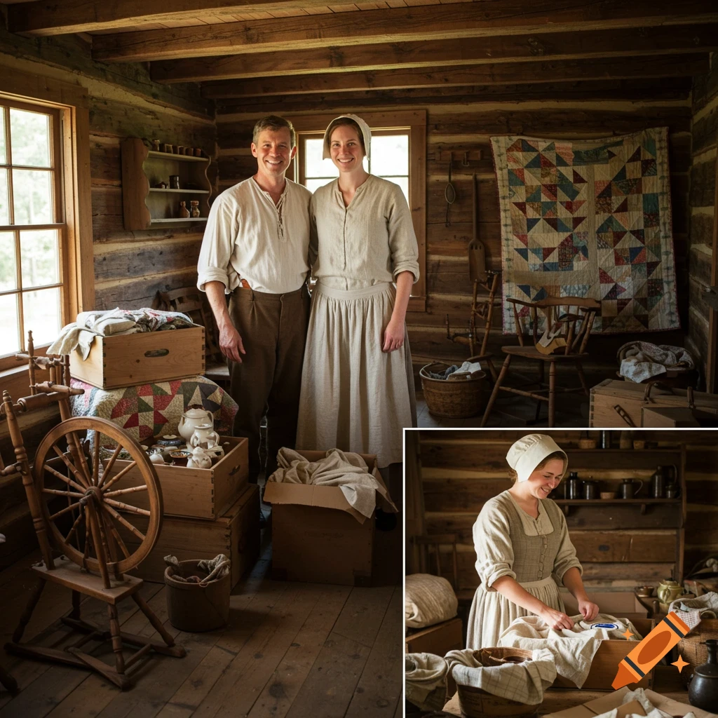 A Colonial American man and woman stand in a rustic log cabin, surrounded by boxes and household items, as if packing to move.