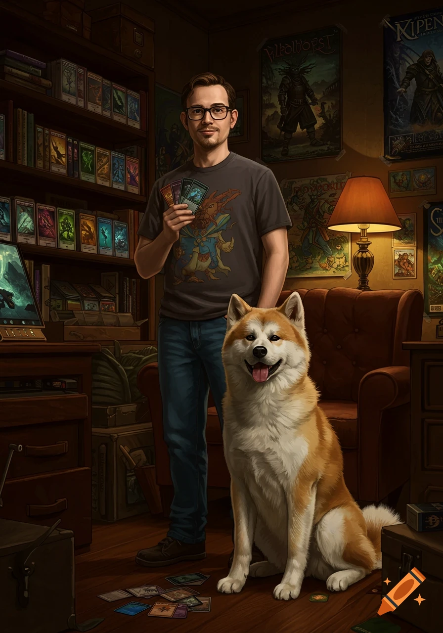 A man wearing glasses holds several game cards, standing next to a smiling Akita dog in a room filled with bookshelves, posters, and scattered game cards on the floor.