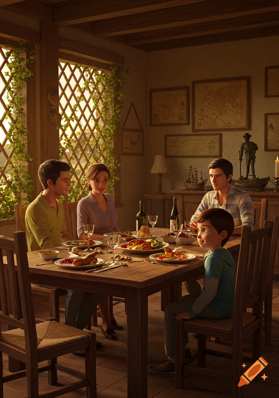 A family of four sits at a rustic wooden dinner table in a sunlit dining room, rendered in a detailed 3D animation style.