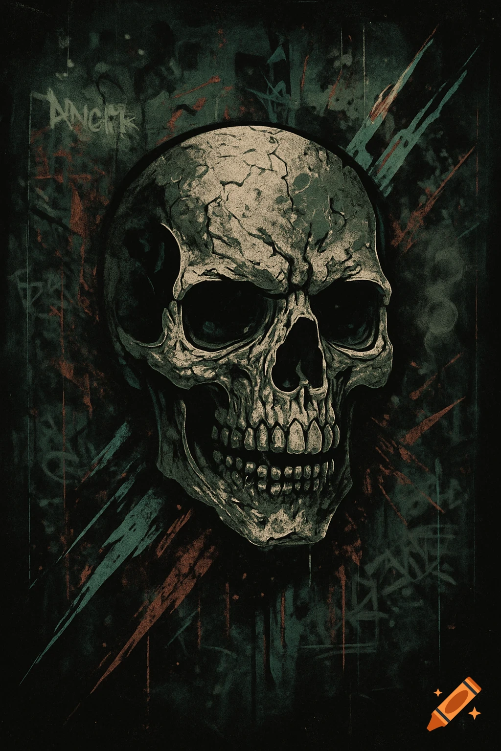 A dark grunge-style illustration of a cracked skull with text "ANGER" and graffiti on a textured background.