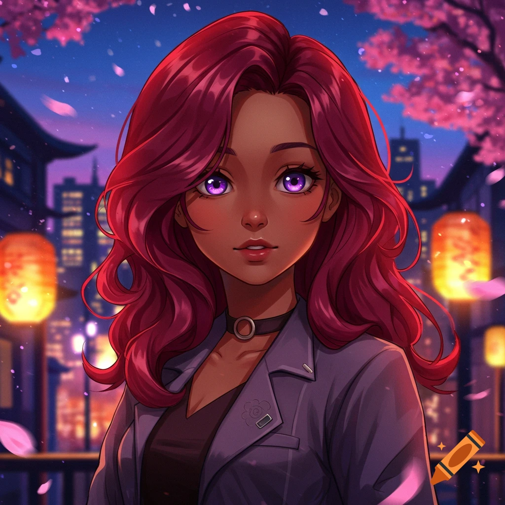 Anime girl with dark skin, flowing red hair, and vibrant purple eyes, wearing a blazer and choker, against a night cityscape with cherry blossoms.
