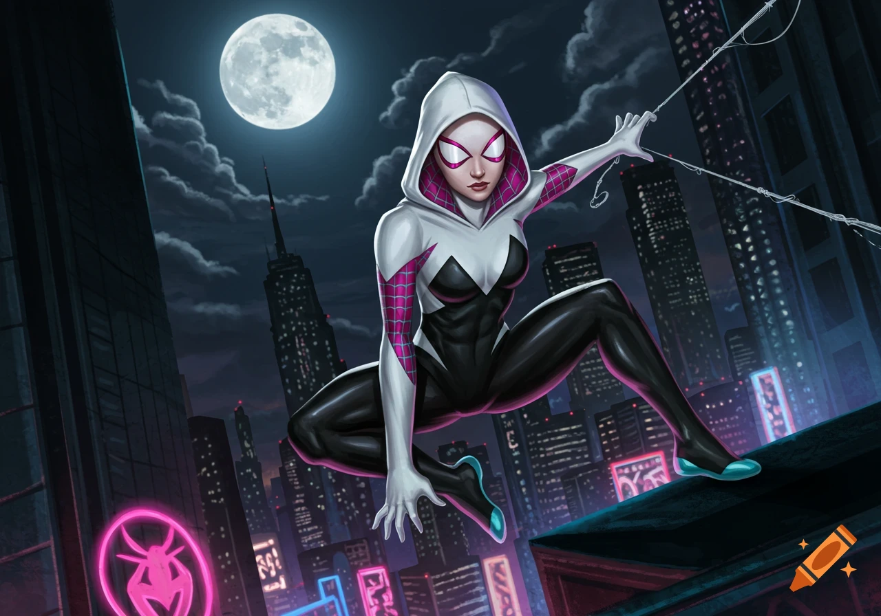 Spider-Gwen in her white, black, and pink suit crouches on a city rooftop at night, with a full moon and illuminated skyscrapers in the background, comic art style.