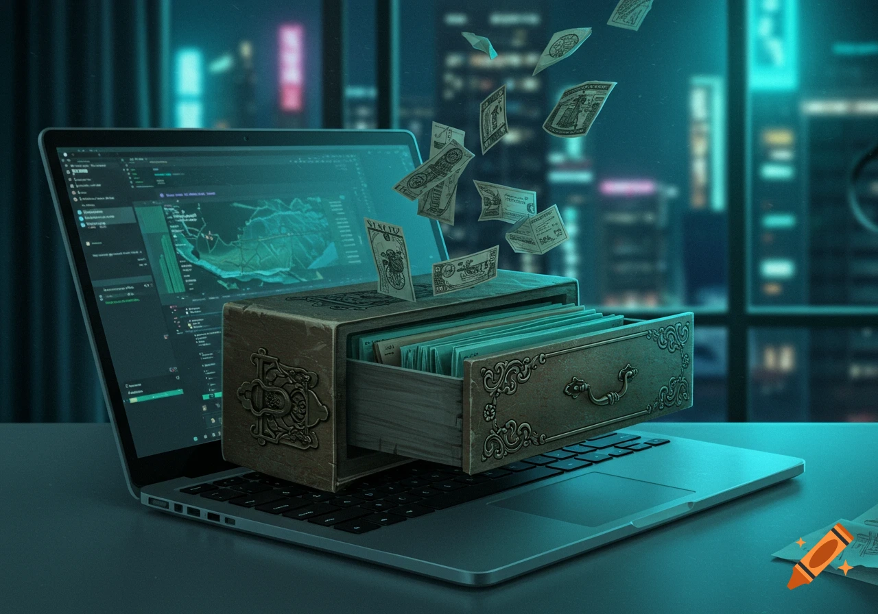 A laptop with a wooden drawer emerging from its screen, spilling ornate money notes, set against a cyberpunk city skyline at night.