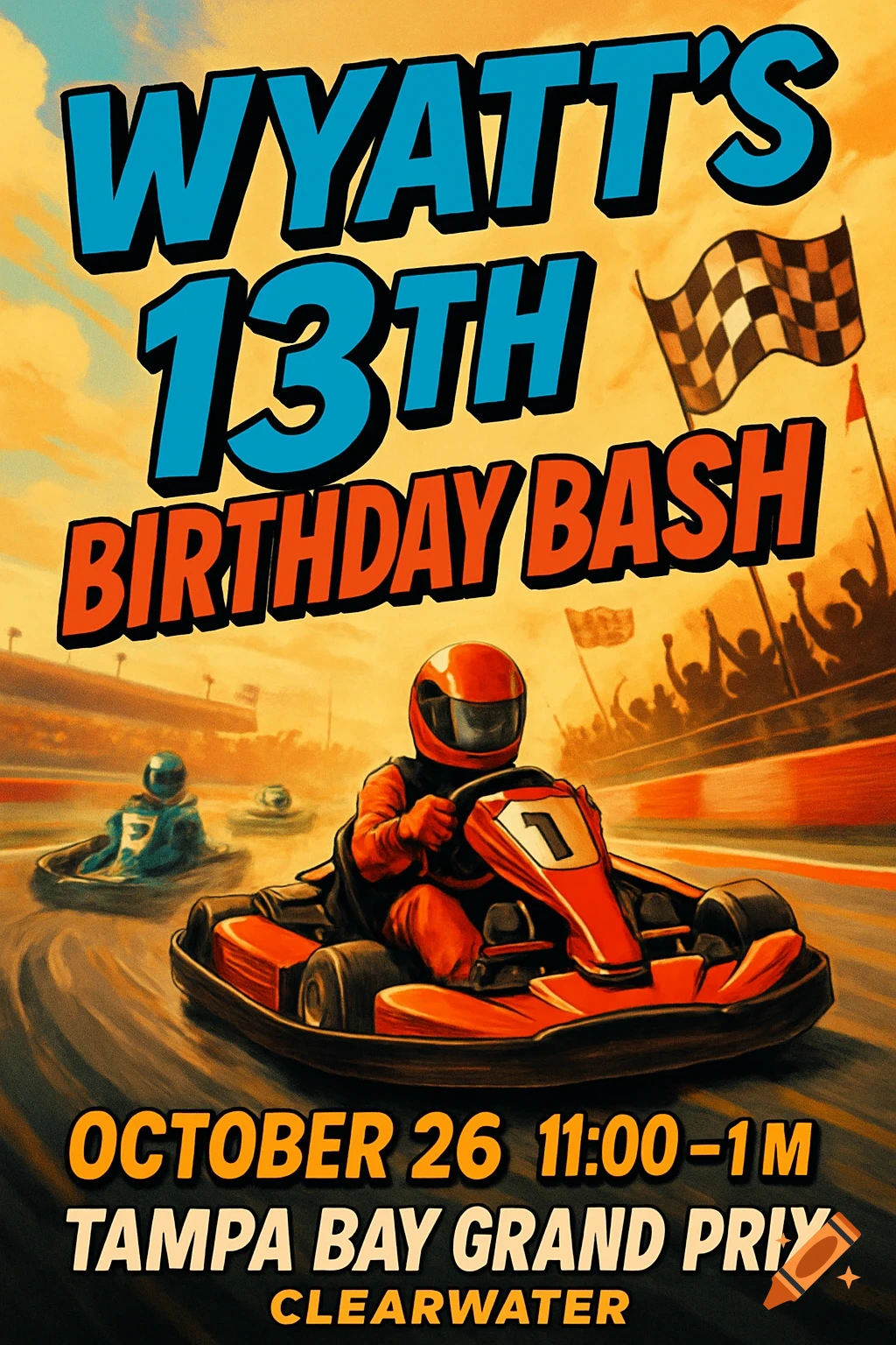 A vintage-style poster for Wyatt's 13th birthday go-kart bash, featuring a racer in an orange go-kart on a track with spectators, and event details.