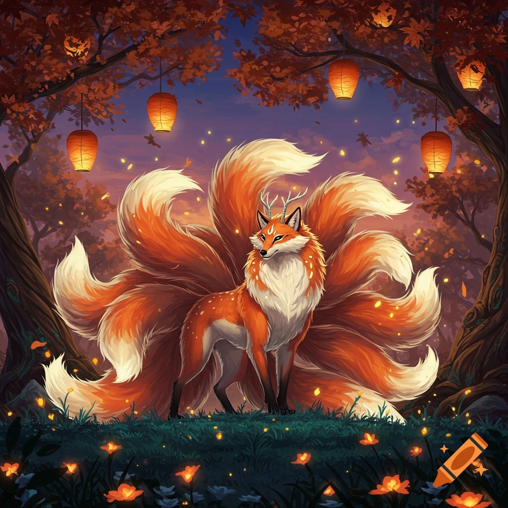 A majestic nine-tailed kitsune with antlers stands in an autumn forest at dusk, surrounded by glowing lanterns.
