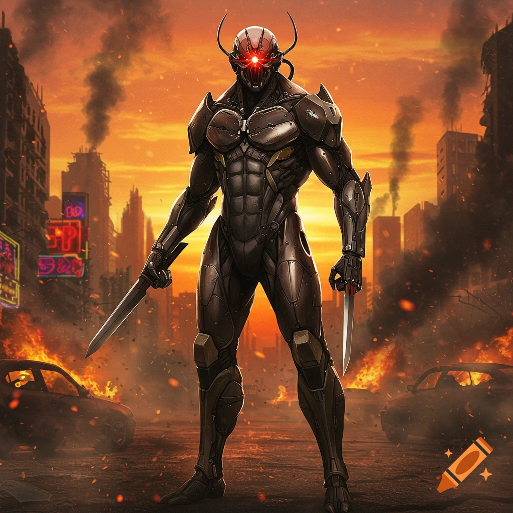 A dark armored robot with glowing red eyes holds two knives in a burning cyberpunk city.