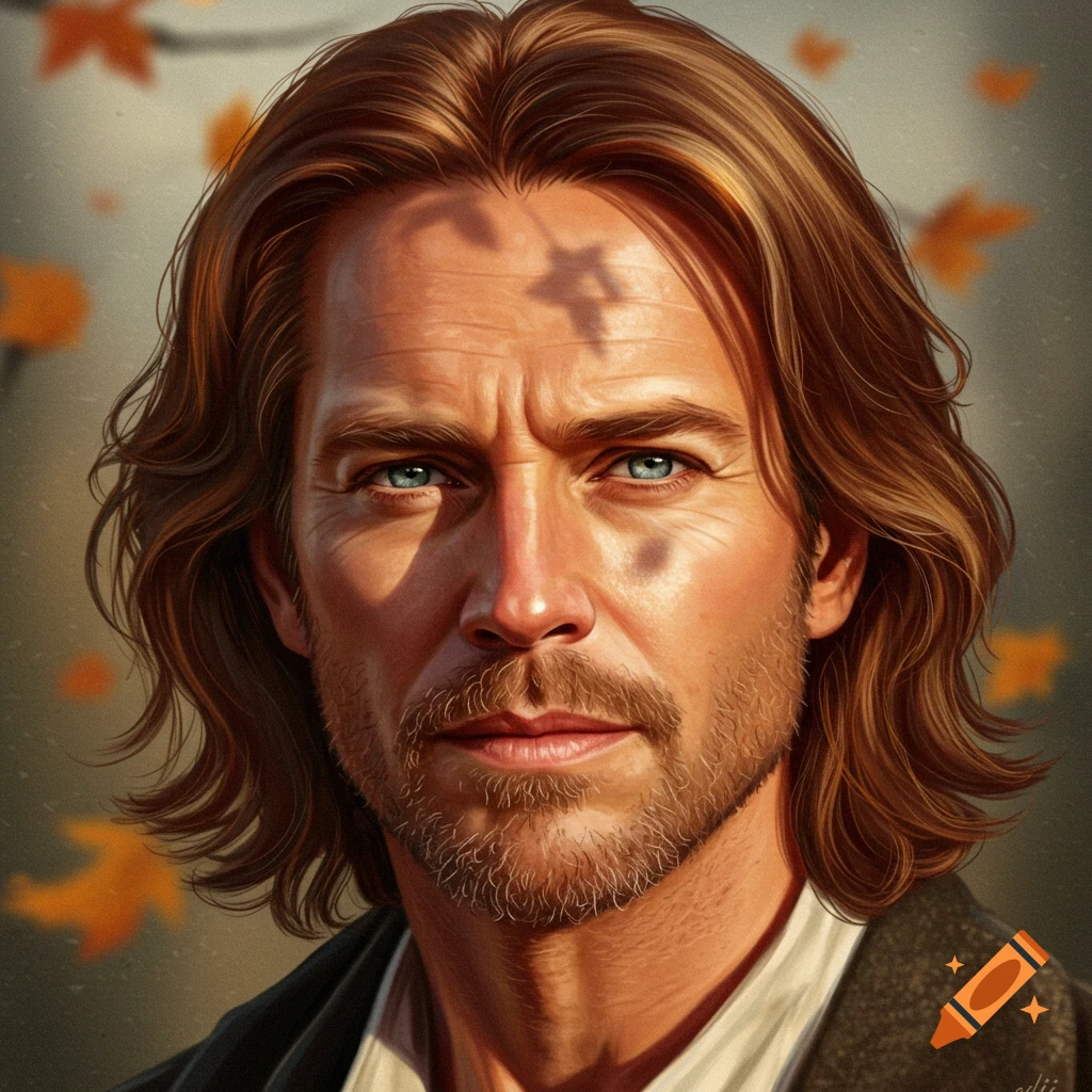 Close-up portrait of a man with long brown hair and a light beard, looking intently at the viewer, with warm lighting and autumn leaves in the soft background.