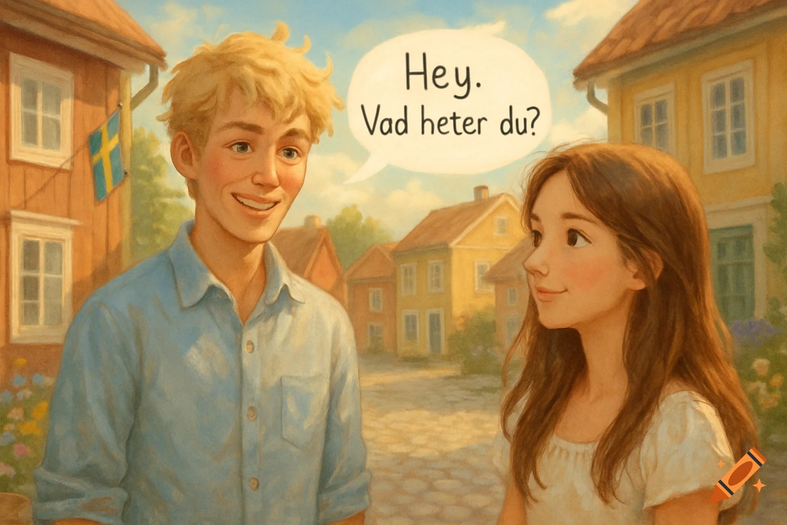 A smiling blonde boy addresses a brown-haired girl in a painted Swedish village scene with a speech bubble 'Hey. Vad heter du?'