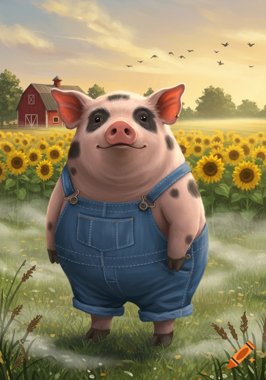 A smiling, plump, black-spotted pig wearing denim overalls stands in a sunny sunflower field with a red barn in the background.