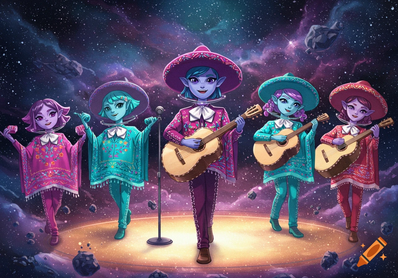 Five colorful alien girls in mariachi ponchos and sombreros play guitars on a glowing stage in space, surrounded by nebulae and asteroids.