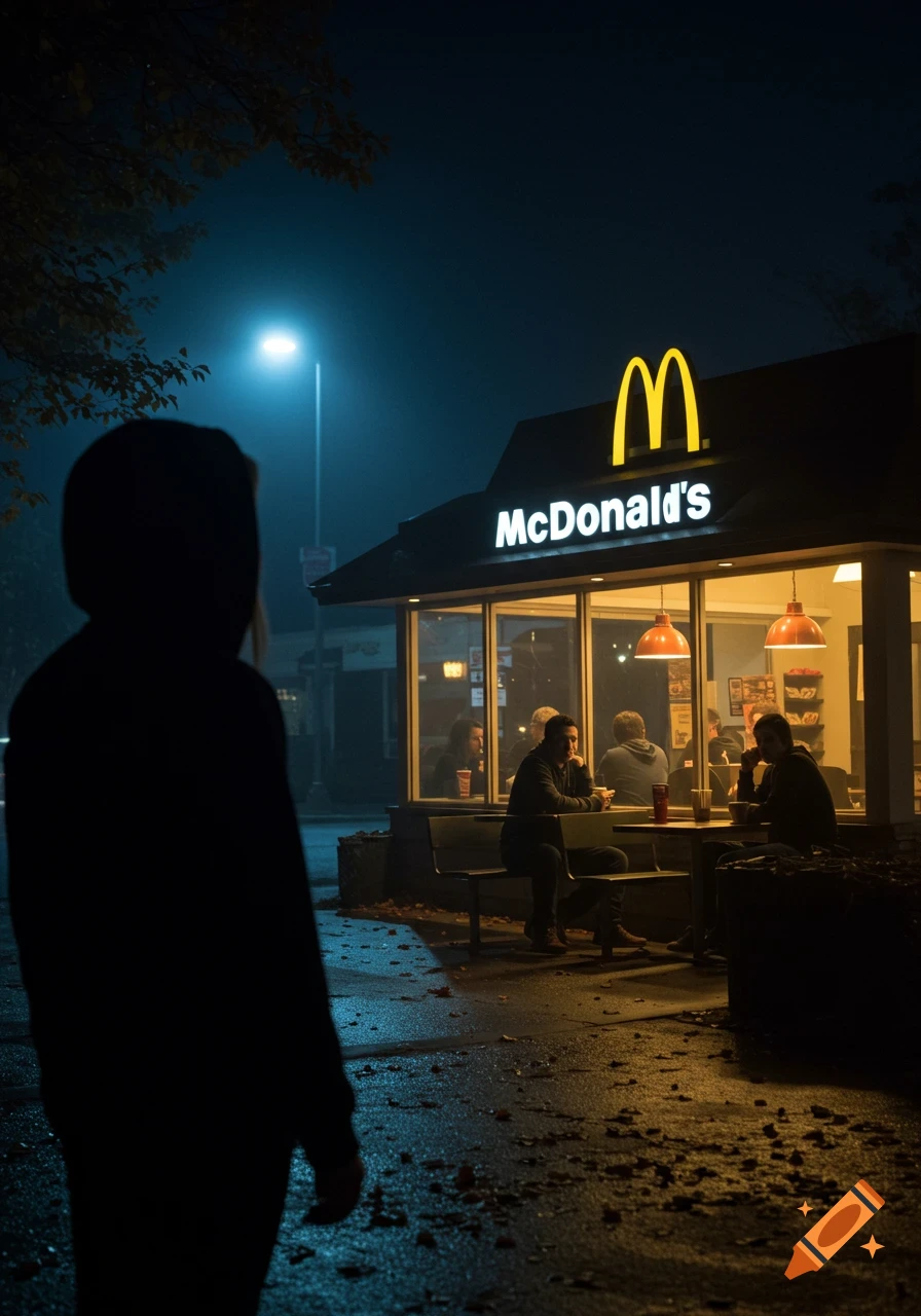 A photorealistic, cinematic shot of a McDonald's restaurant at night, with a silhouetted figure in the foreground and people dining inside.
