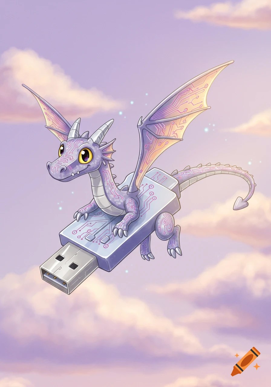 A cute purple cartoon dragon with circuit board patterns flies on a USB drive in a pastel sky.