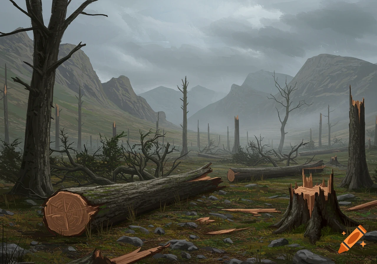 A desolate, deforested landscape under a cloudy, overcast sky, showing numerous cut logs, tree stumps, and bare trees.
