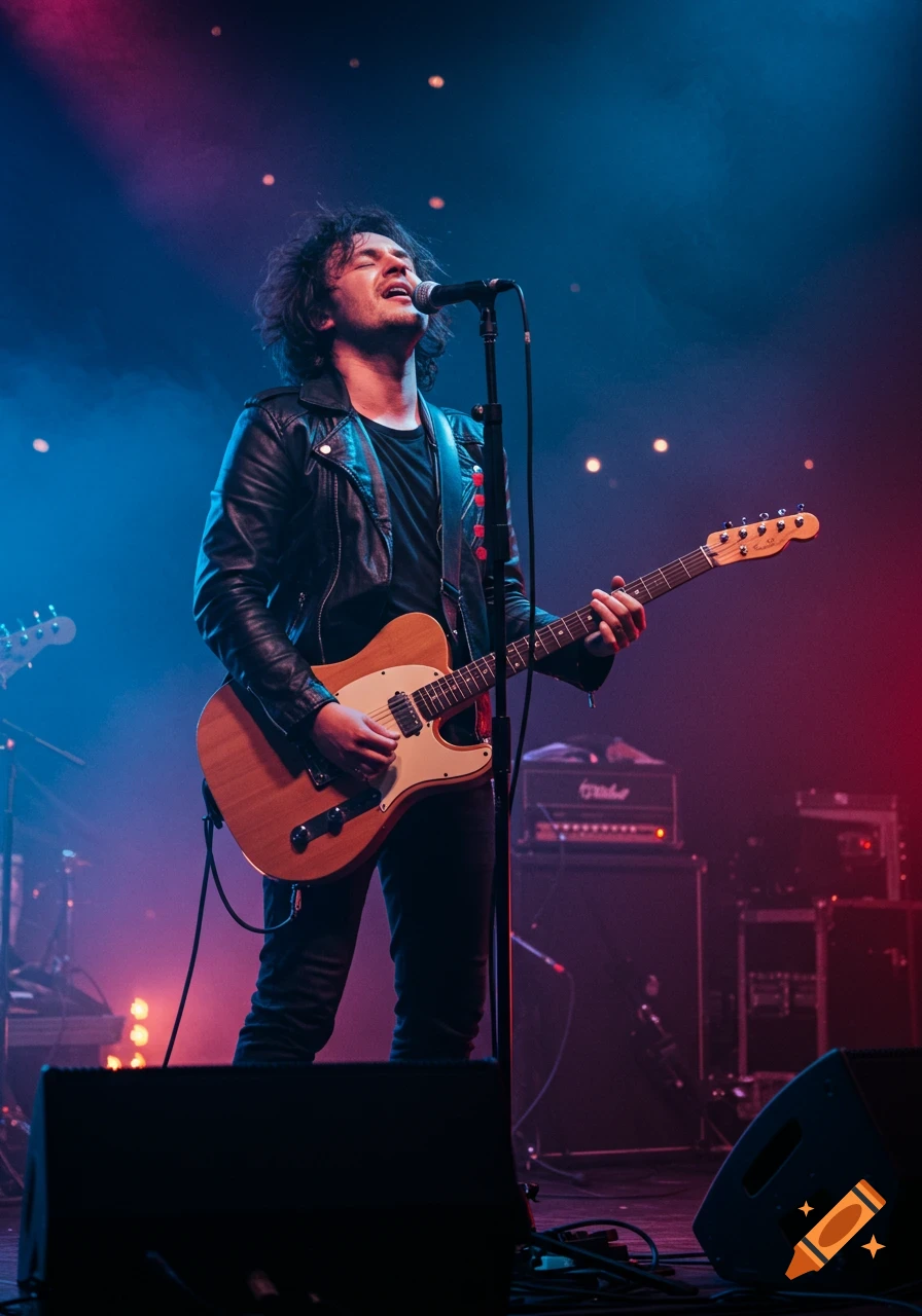 A male rock musician with dark hair sings into a microphone while playing an electric guitar on a stage lit with blue and red lights.