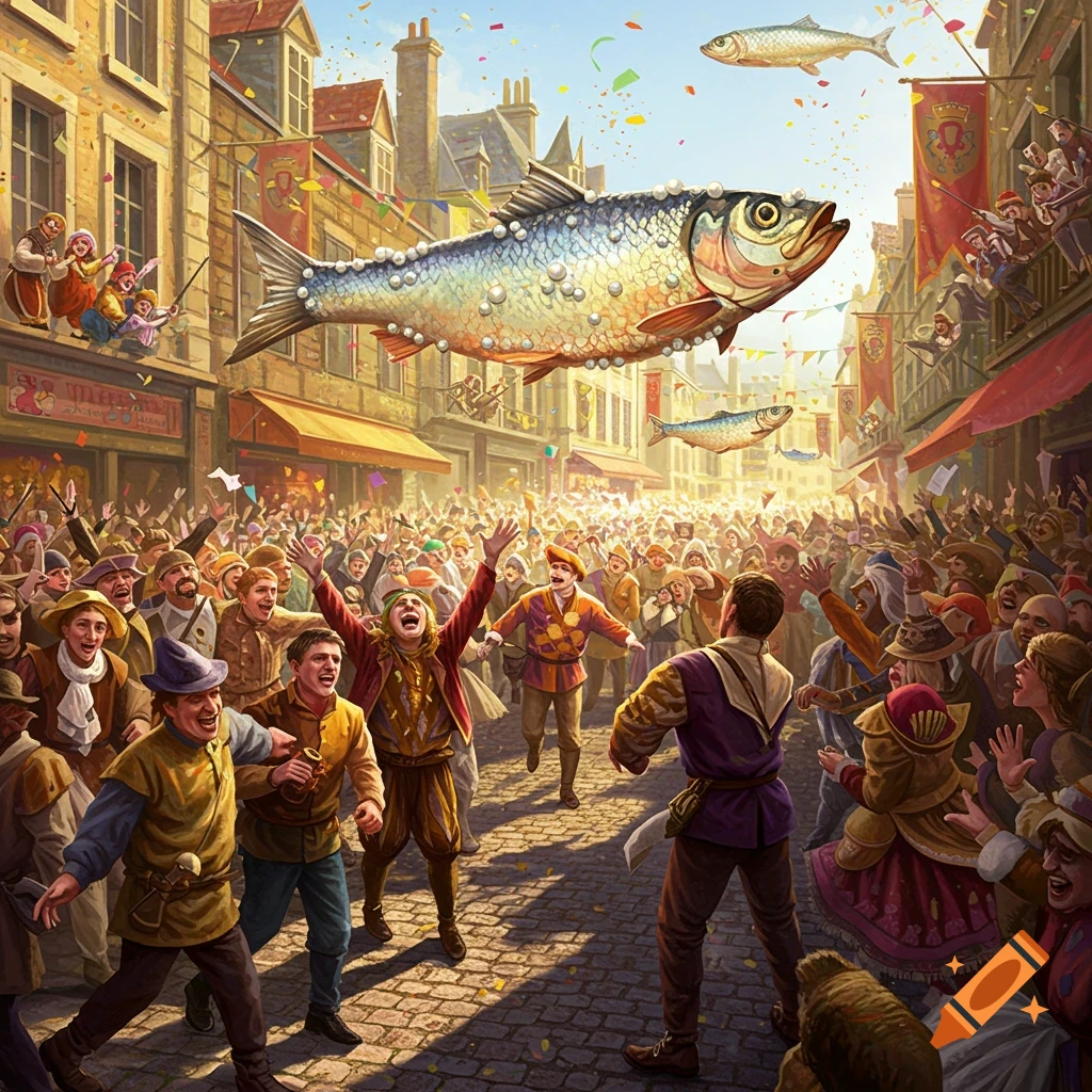 A vibrant illustration of a cheering medieval crowd on a street, with large fish and confetti floating in the sky.
