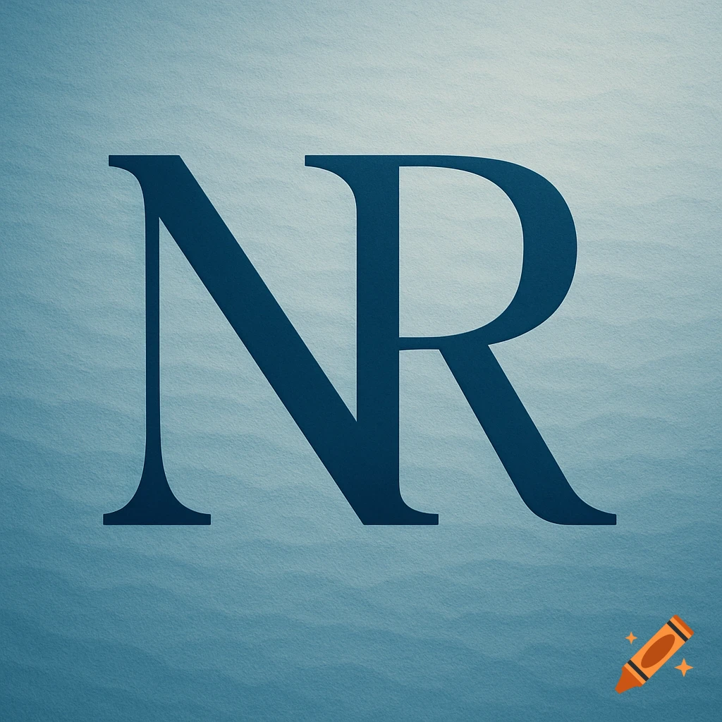 Dark blue serif letters 'NR' on a textured, light blue background with subtle wavy ripples.