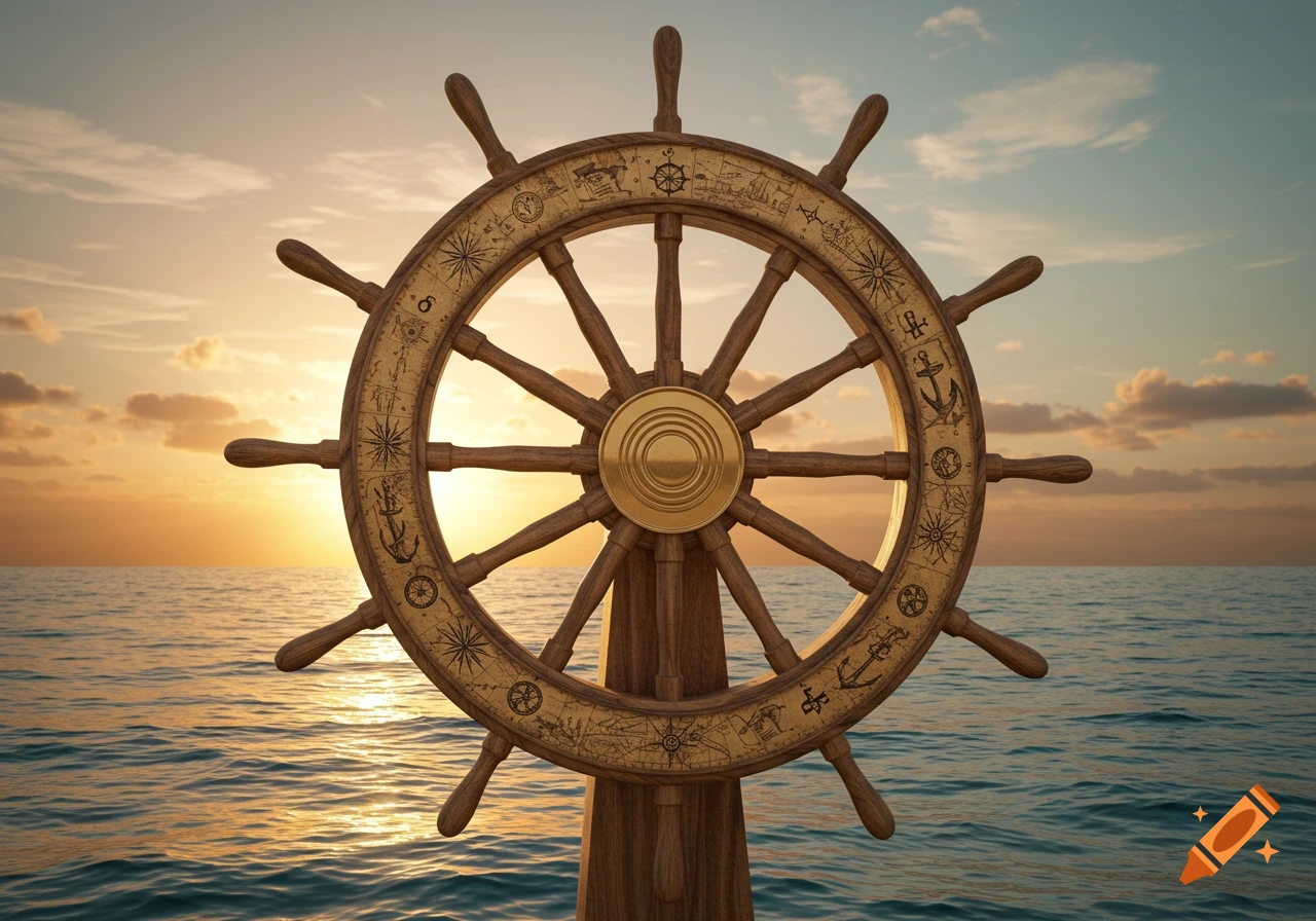 A wooden ship's wheel with gold accents and carvings against a vibrant ocean sunset.