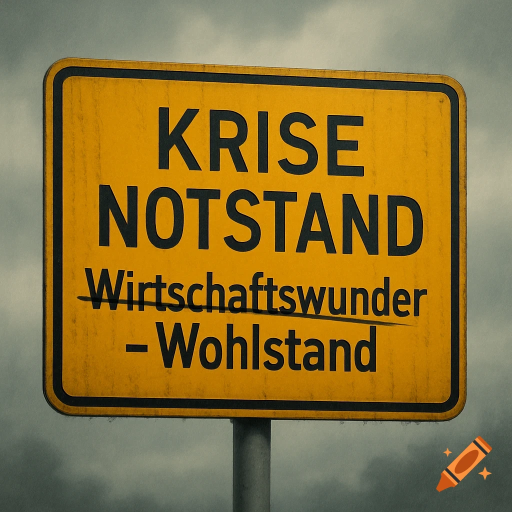 A yellow road sign against a cloudy sky, displaying the German words 'KRISE NOTSTAND' above 'Wirtschaftswunder - Wohlstand' which is crossed out.