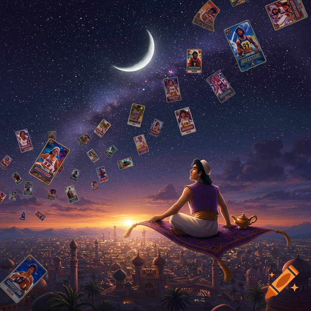 Aladdin on a magic carpet over a sprawling city at night, looking up at a crescent moon and numerous floating sports cards.