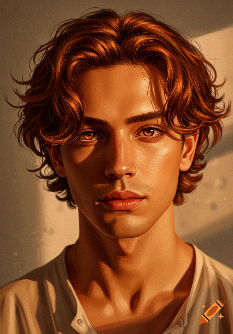 A handsome young man with auburn wavy hair and russet eyes, illuminated by warm golden light in a digital art style.