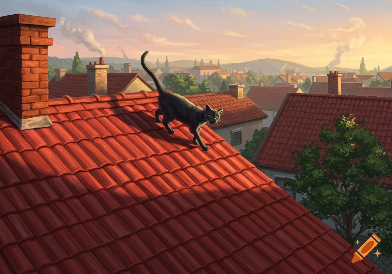 A black cat with green eyes walks across a sunlit red-tiled rooftop overlooking a picturesque town during sunset. Painting.