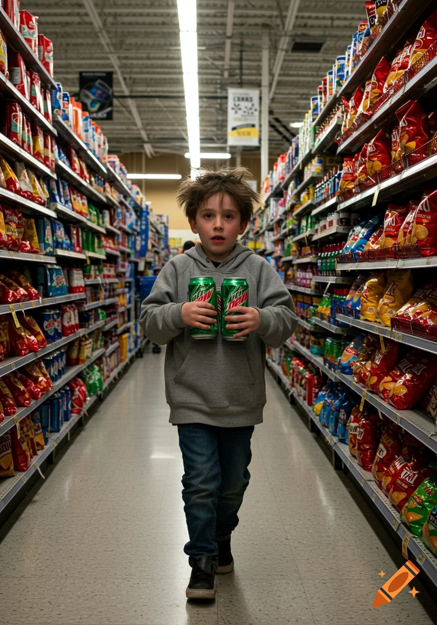 A young boy with messy hair holds two Mountain Dew cans while walking down a grocery store aisle filled with snacks.