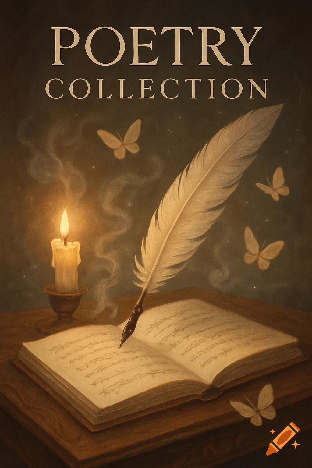 A quill, open book with illegible script, and a lit candle on a dark table, with butterflies and glowing particles around. The words "POETRY COLLECTION" are at the top.