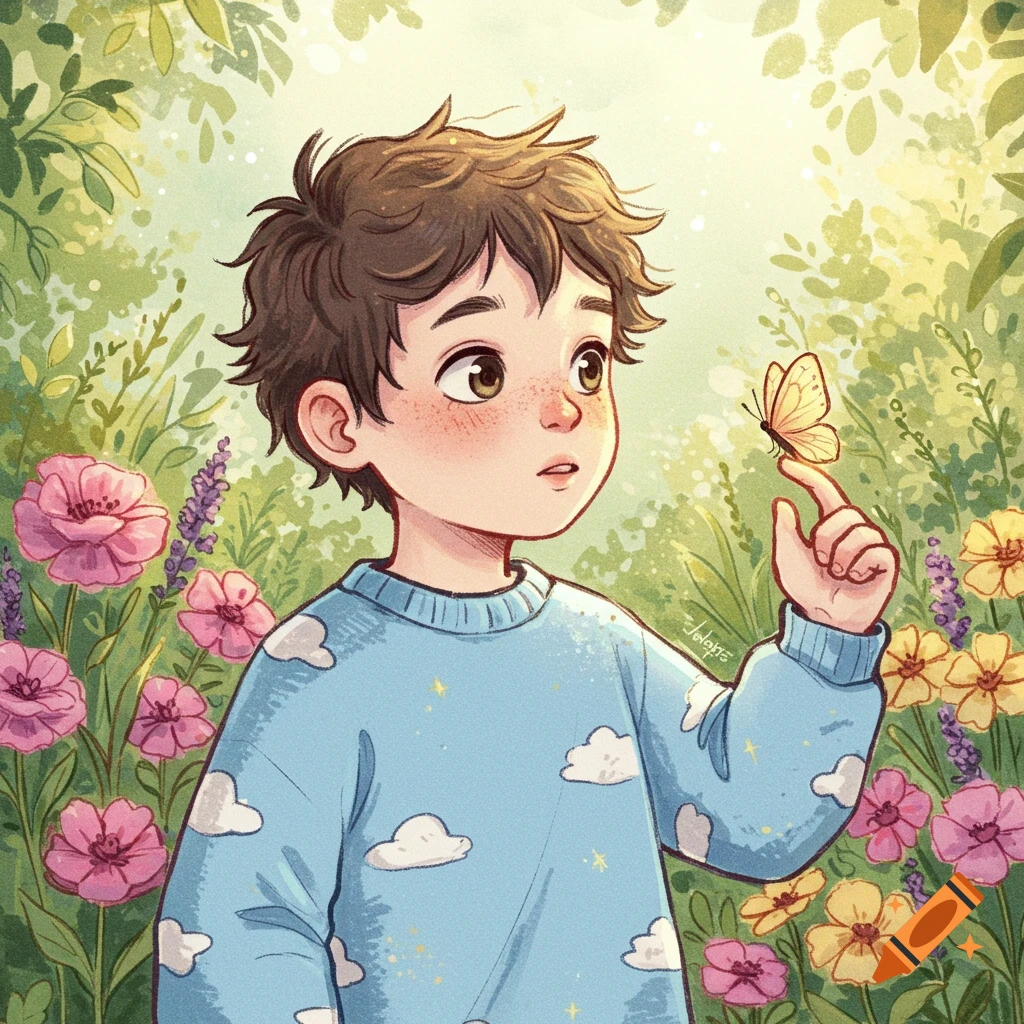 Cartoon illustration of a young boy with freckles looking at a butterfly on his finger in a lush flower garden.