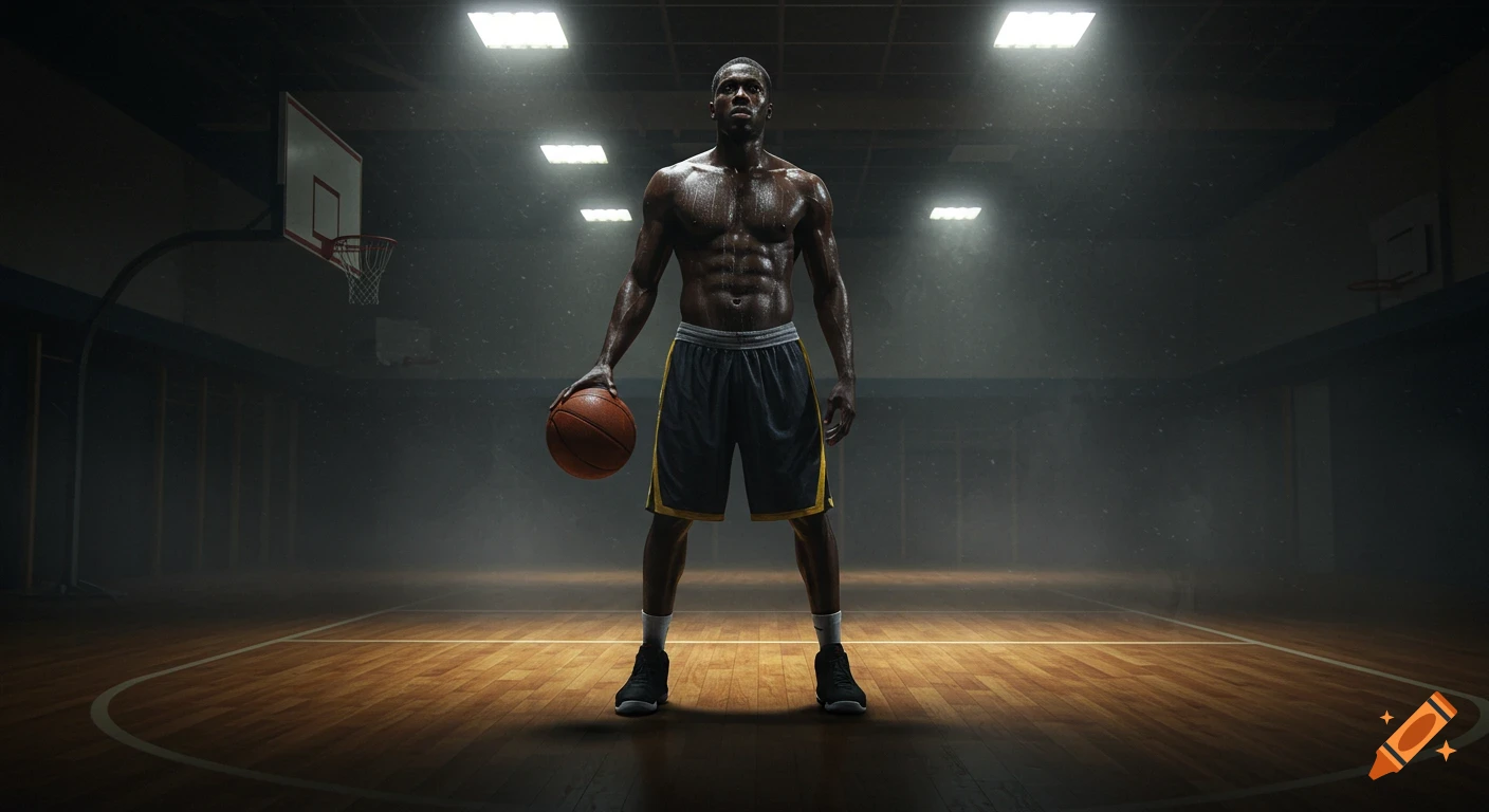 A hyperrealistic full shot of a sweaty, muscular man standing with a basketball in a dimly lit gym.