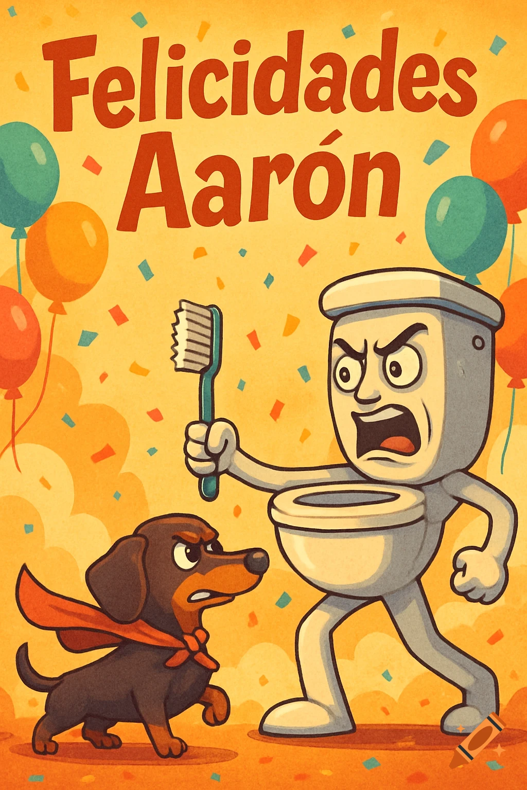 Cartoon dachshund in a red cape confronts an angry Skibidi Toilet holding a toothbrush on a festive yellow greeting card with 'Felicidades Aaron' and balloons.